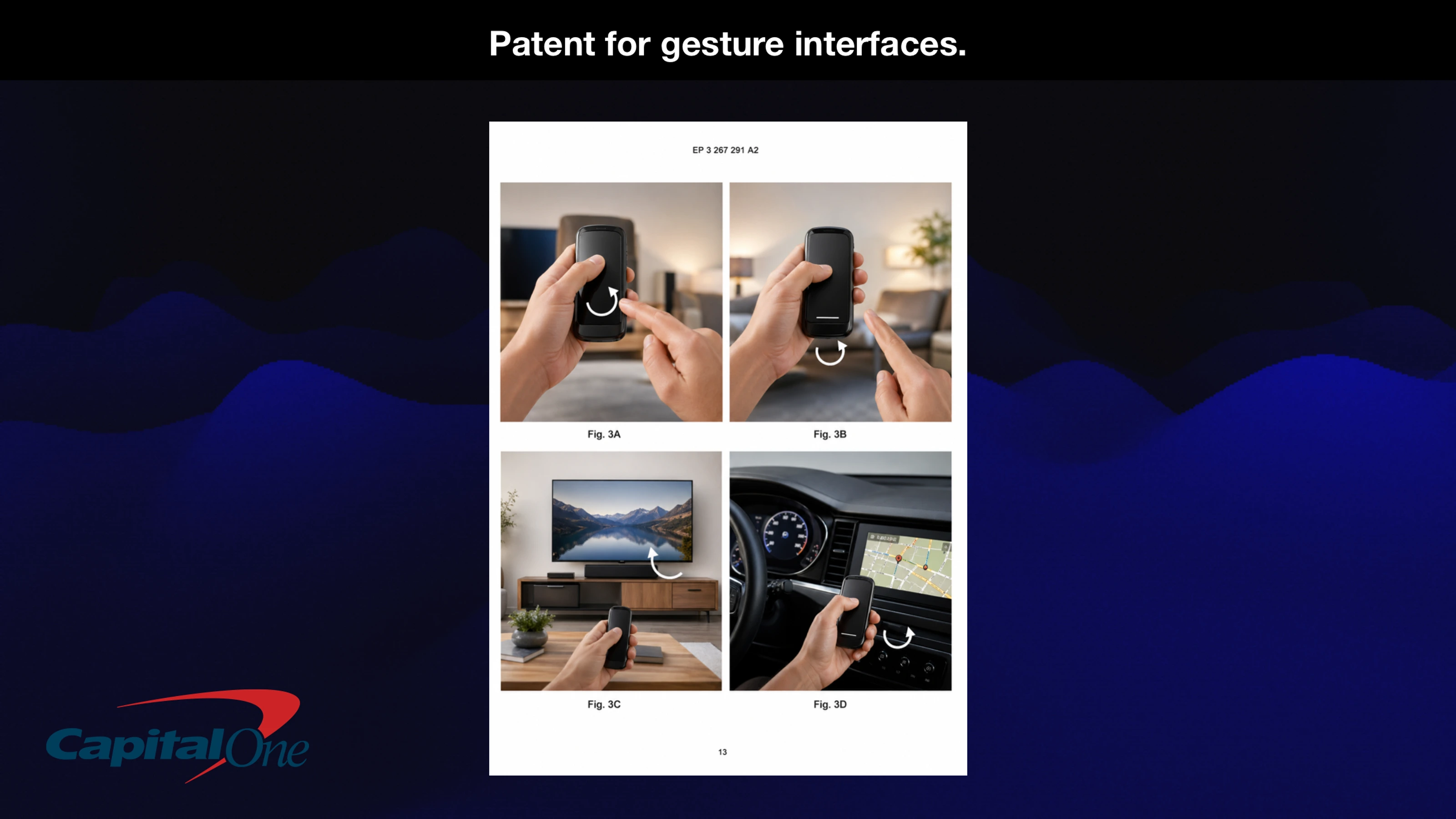 Capital One gesture-interface patent figures showing interactions with a phone, television, and car display