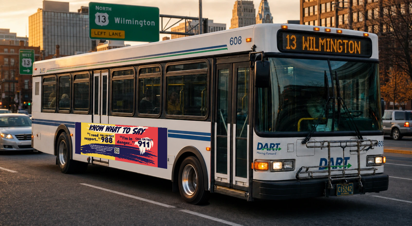 NAMI Delaware’s Know What to Say campaign concept on a Wilmington bus, connecting people with 988 support